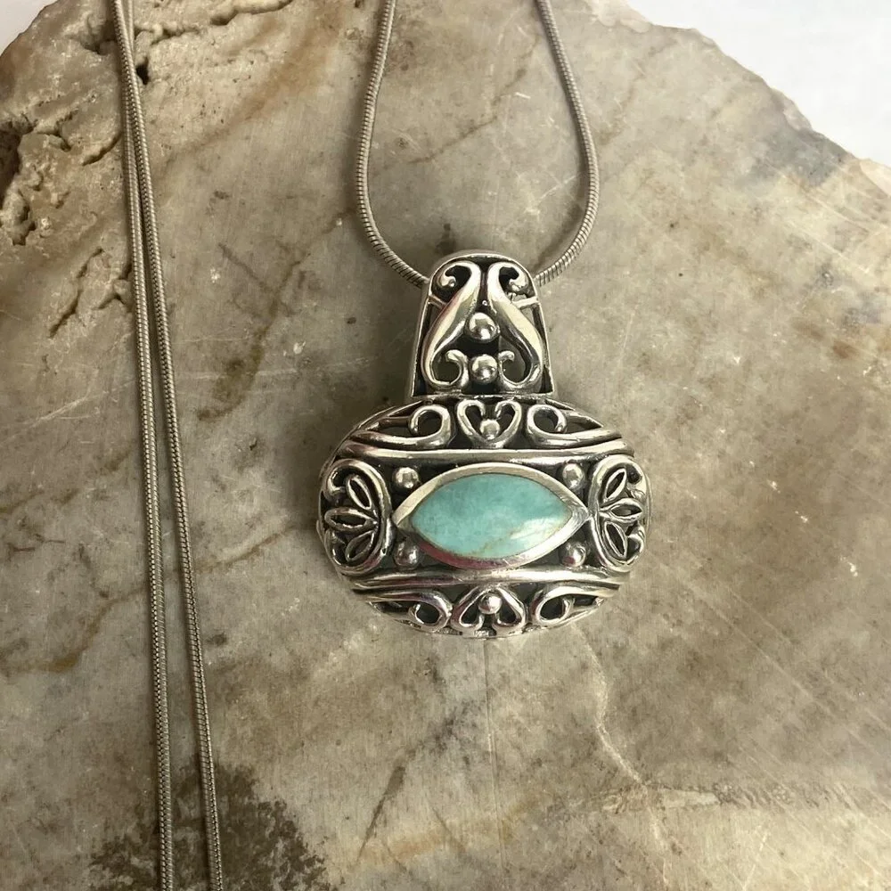 Sterling Silver 925 Chunky Bali Style Scrollwork Turquoise Pendant Necklace 18
